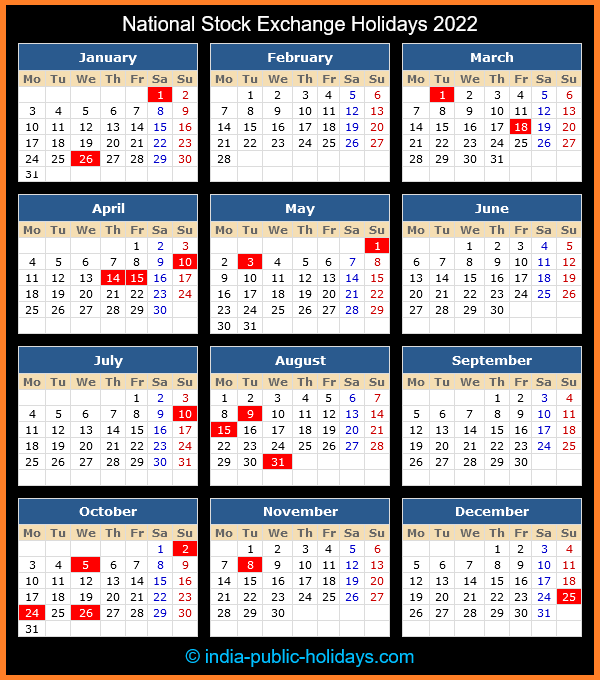 National Stock Exchange Holiday Calendar 2022